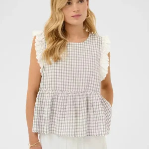 Cream Milana Bluse - Offwhite med Sorte Ruter og  Blondekant
