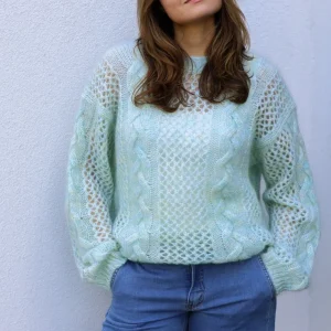 Mohair Cable Knit Crew Green Mix