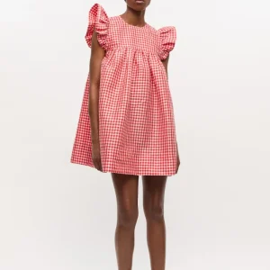 Crinkled Taffeta Check Frill Mini Dress Red Alert