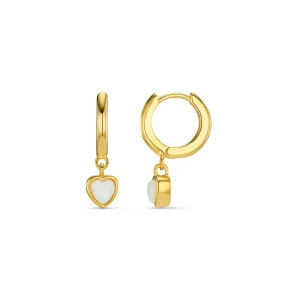 Opal Heart Drop Huggie Hoop Earrings Pale Gold